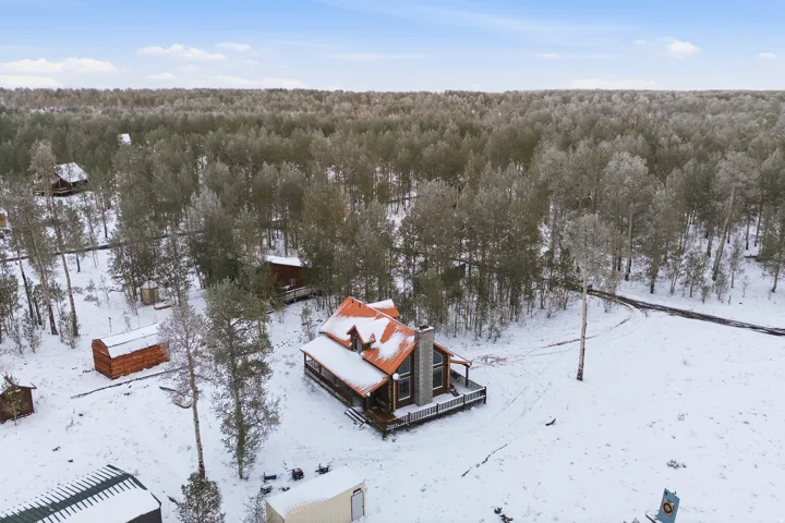 Wood-sided residence featuring a prominent stone chimney and a rust-colored metal roof