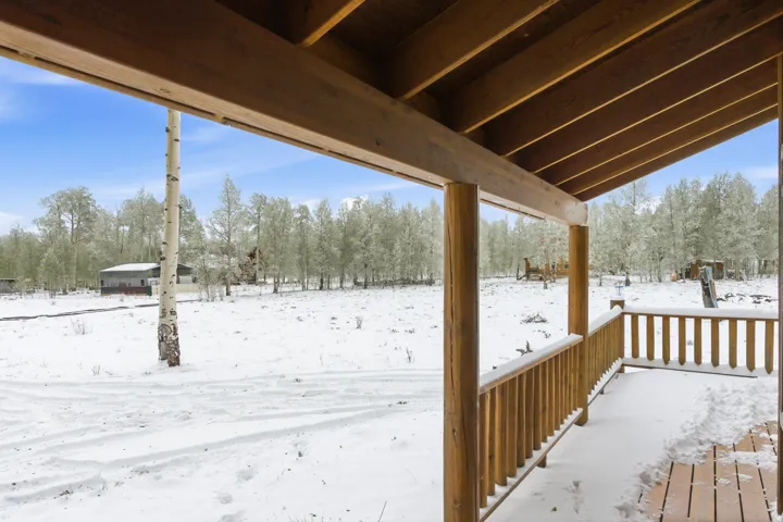 Covered porch with wood beams and railings
