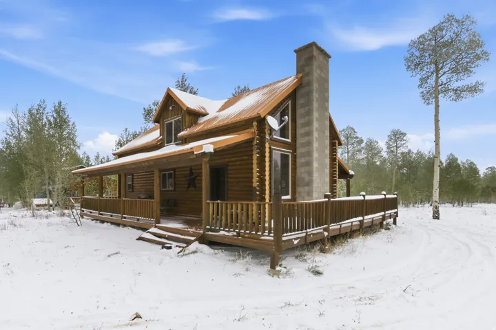 Log-style exterior with an extended front porch, a stone-clad chimney, and a durable metal roof