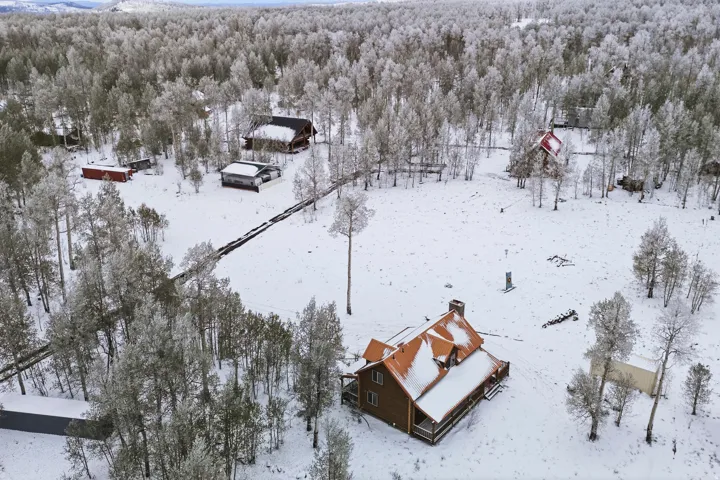 Wood-sided property with an orange roof, surrounded by a natural forested landscape