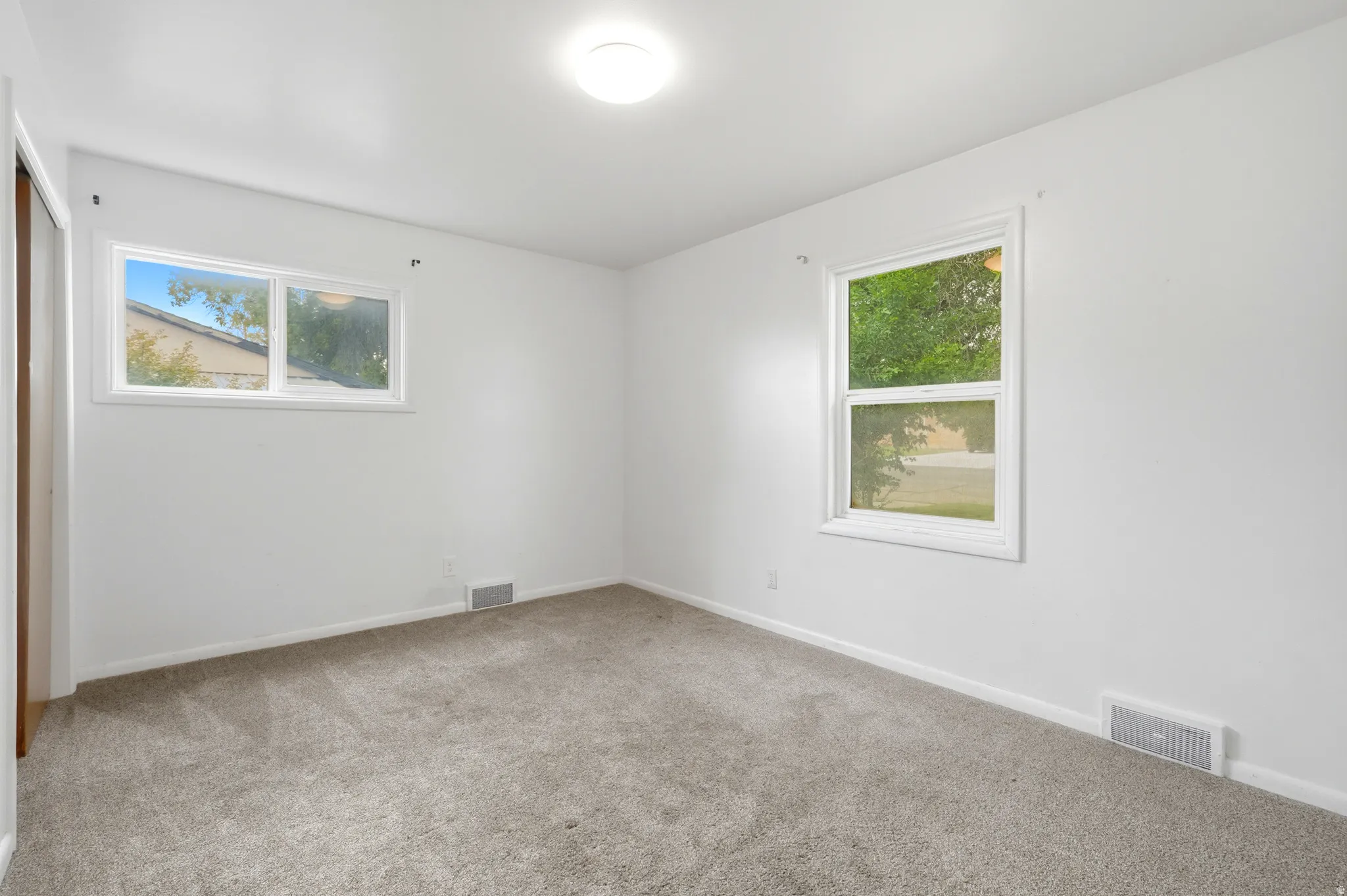 Carpeted flooring, white painted walls, two windows with white trim, and a flush-mount ceiling light fixture