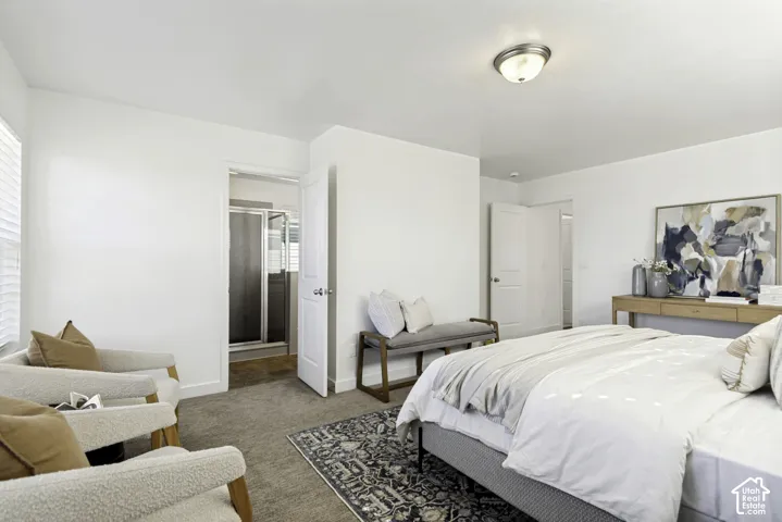 Plush carpeting, a built-in ceiling light fixture, and an open doorway leading to a bathroom with a glass-enclosed shower