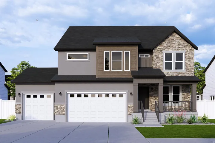 Contemporary exterior showcasing stone and stucco finishes