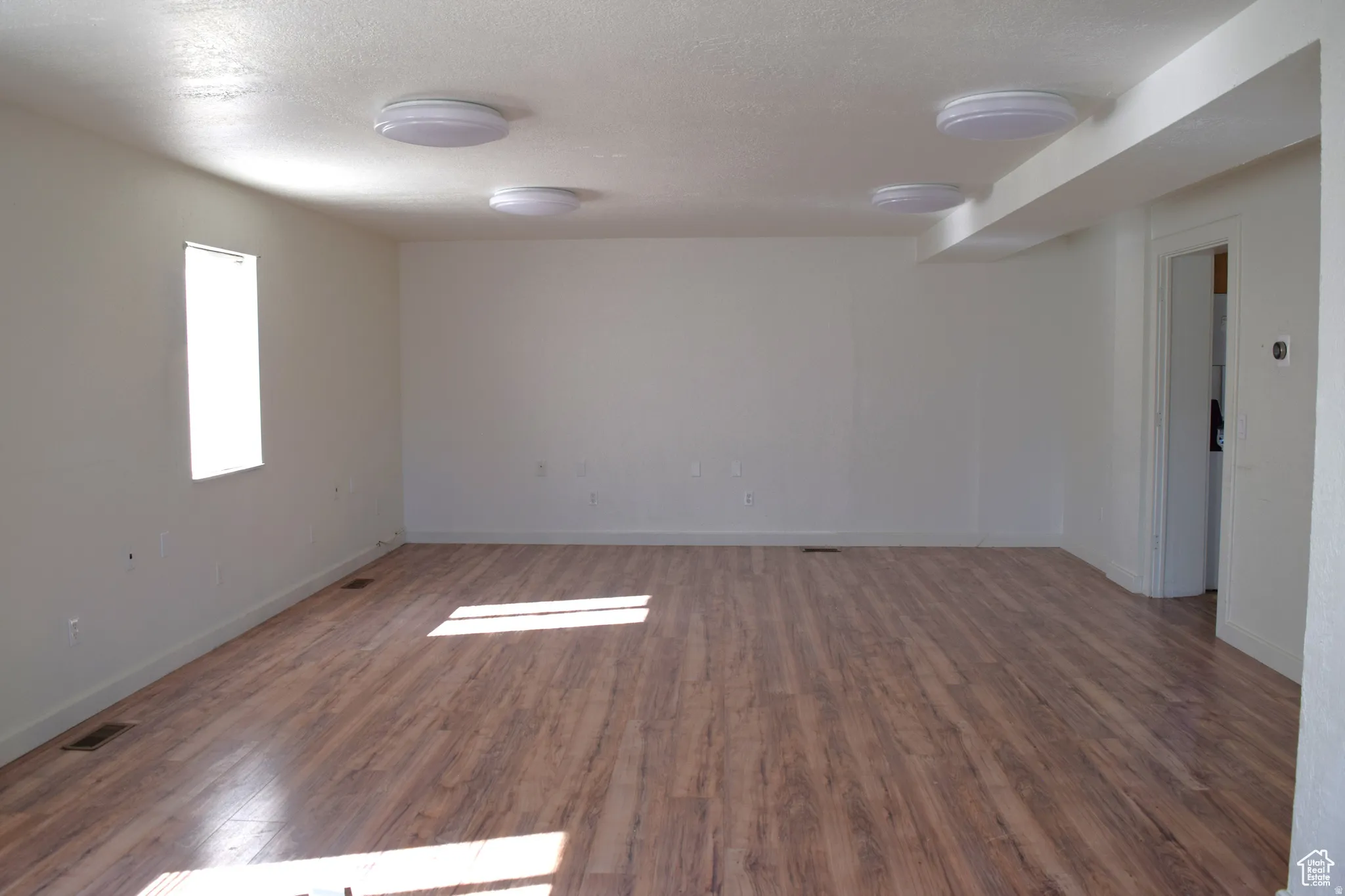 Expansive room featuring wood-finish flooring, white painted walls, and multiple ceiling-mounted light fixtures