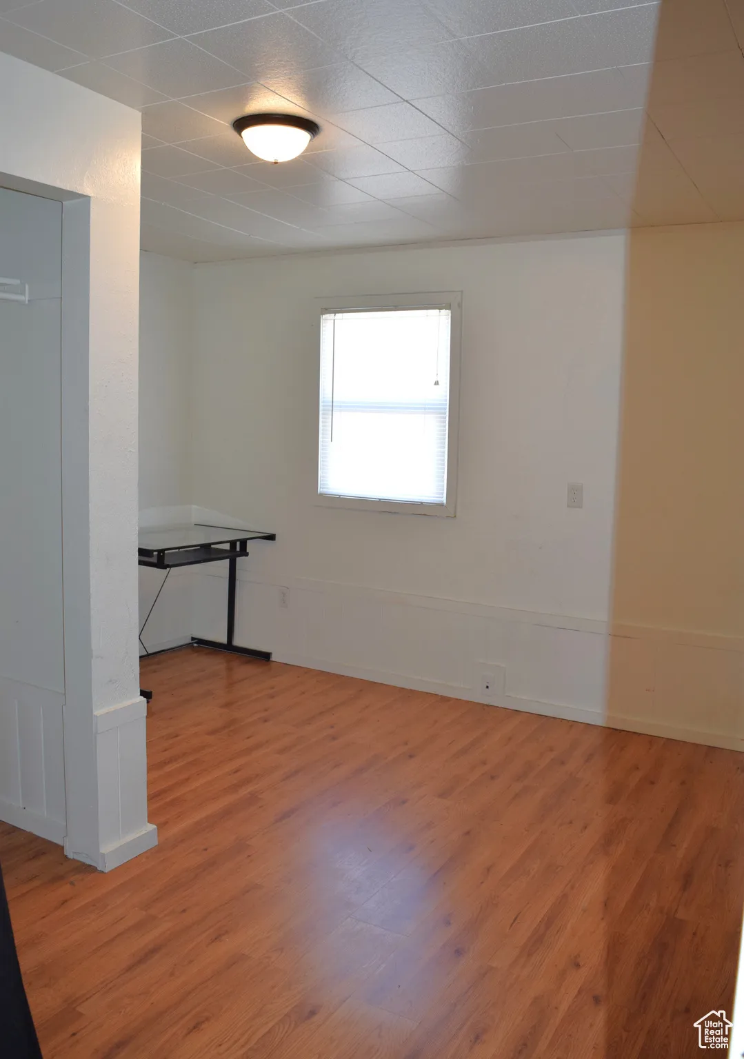 Wood-finish flooring, white paneled wainscoting, white walls, and a ceiling-mounted light fixture