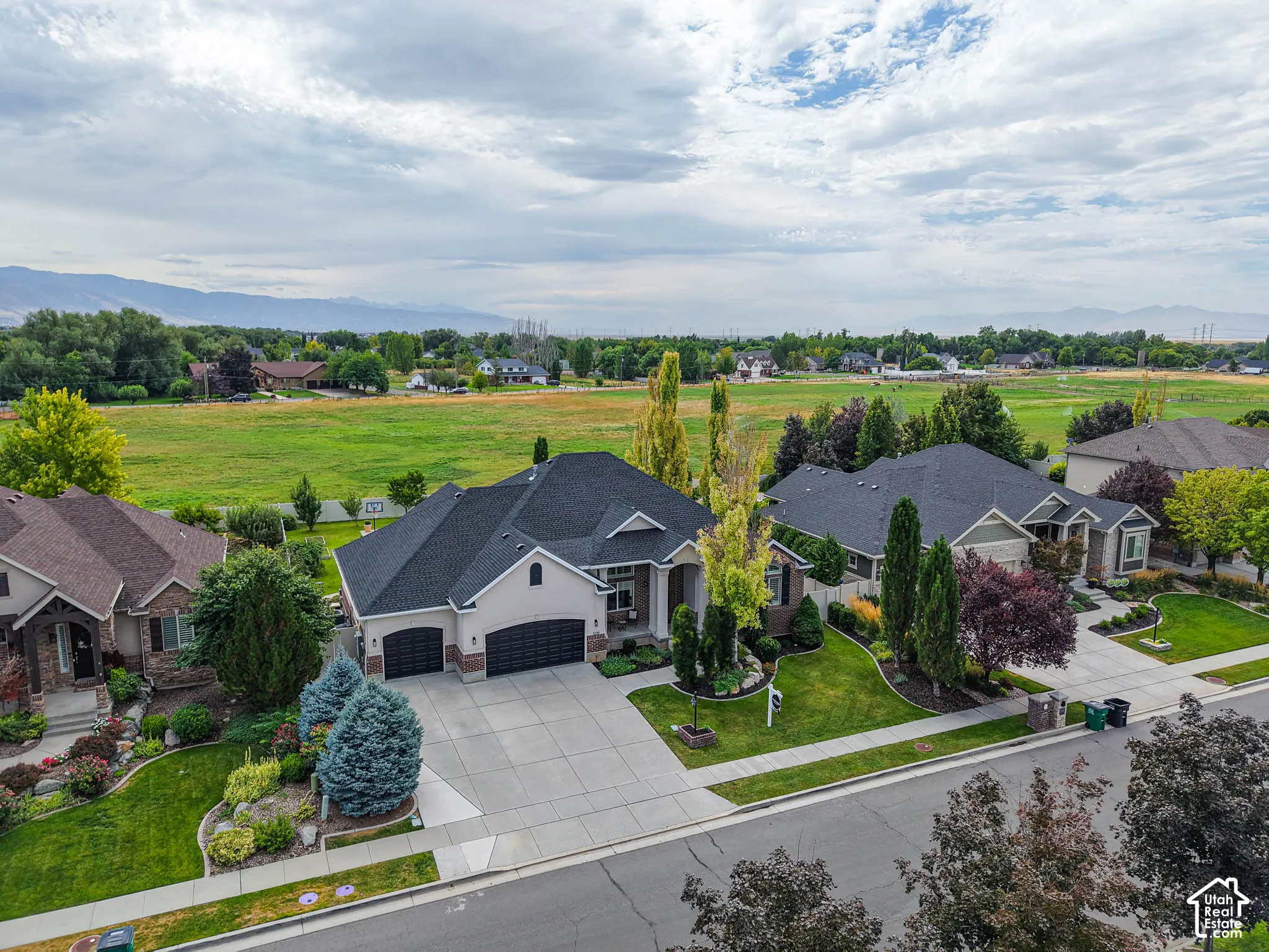 Expansive residential property featuring a dark shingle roof, attached garage, concrete driveway, and established landscaping