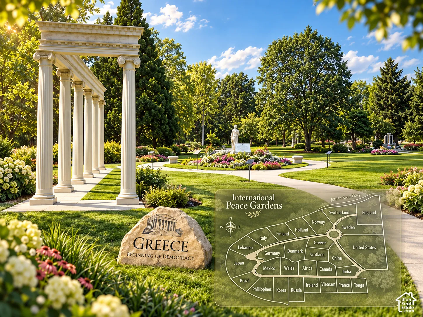 Landscaped grounds featuring stone columns, established trees, manicured lawns, and floral garden beds