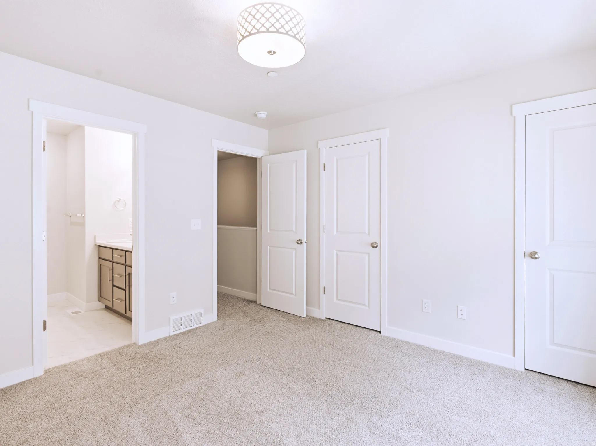 Neutral tone walls, light-toned carpeting, ceiling-mounted light fixture, white trim, and doors