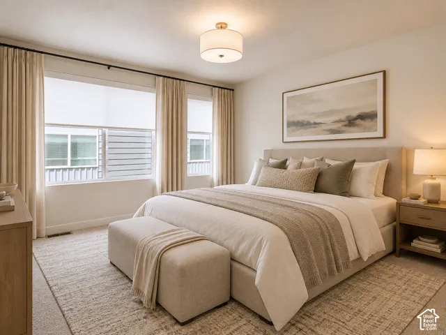 Neutral interior featuring wall-to-wall carpeting, multiple windows with neutral drapery, and a drum-style ceiling light fixture