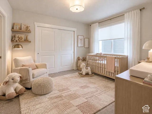 Neutral-toned bedroom featuring carpeting, double-panel sliding closet doors, built-in wall shelving, and a semi-flush mount light fixture