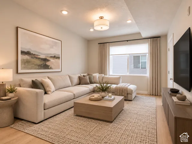 Neutral interior featuring wood-finish flooring, recessed lighting, a central drum-style ceiling fixture, and a large window with floor-to-ceiling drapery