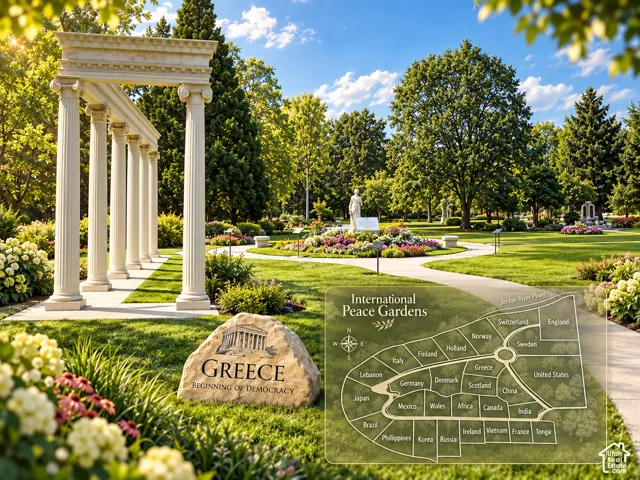 Landscaped grounds featuring stone columns, established trees, manicured lawns, and floral garden beds