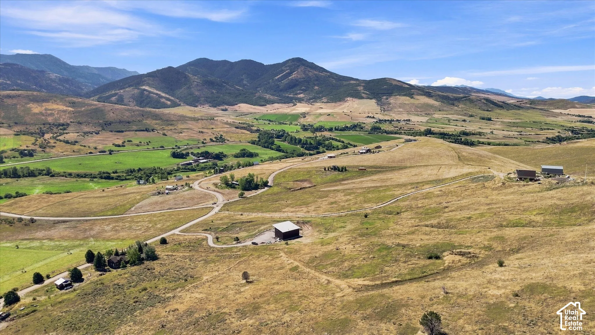 Expansive terrain featuring natural ground cover, established trees, and mountainous topography