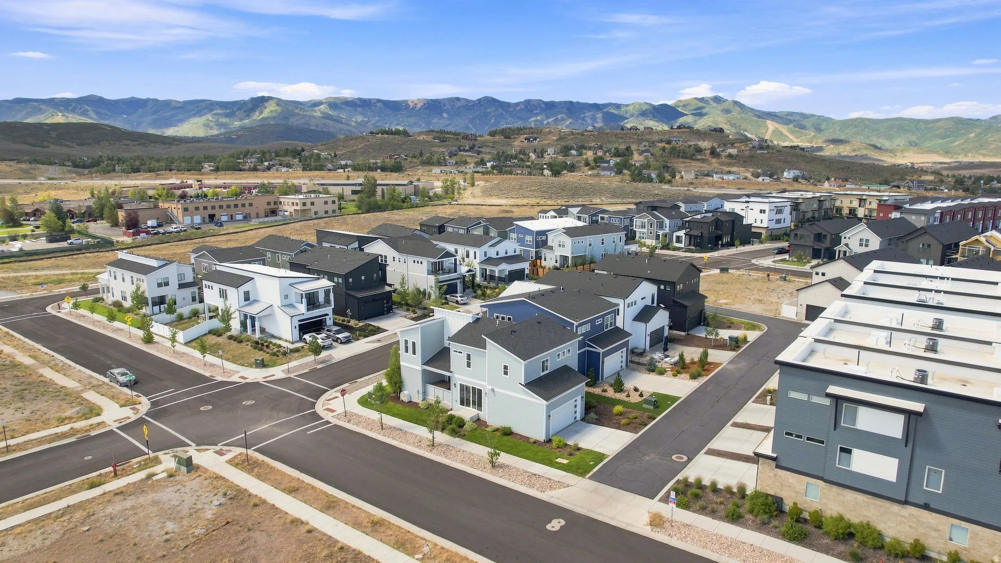 Modern residential development featuring a variety of architectural styles, paved roads, and landscaped elements