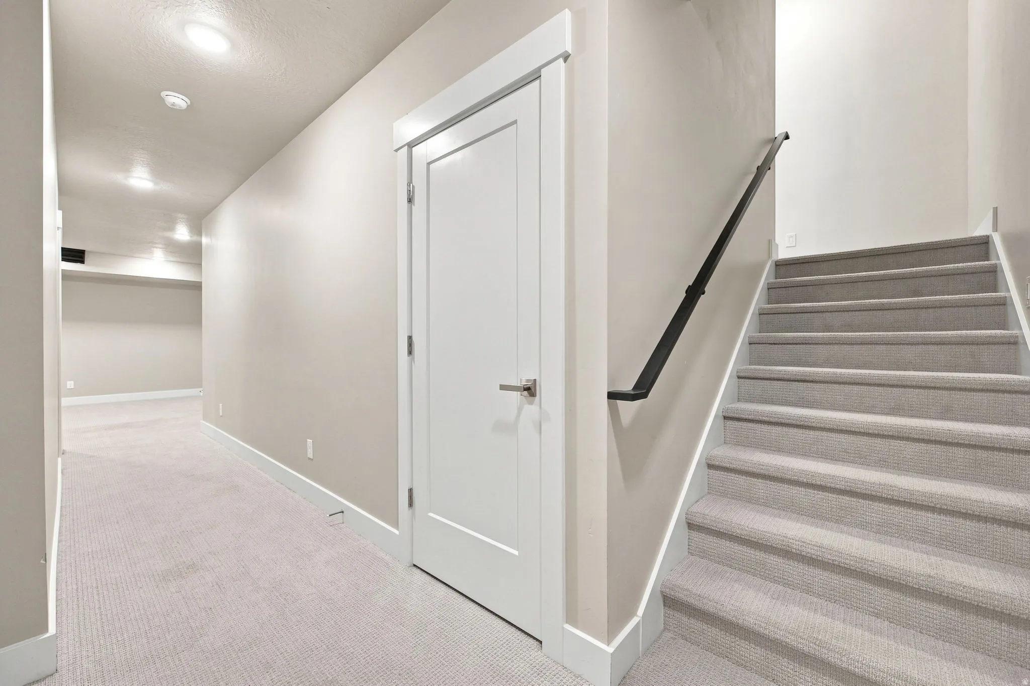 Carpeted staircase with a dark metal handrail