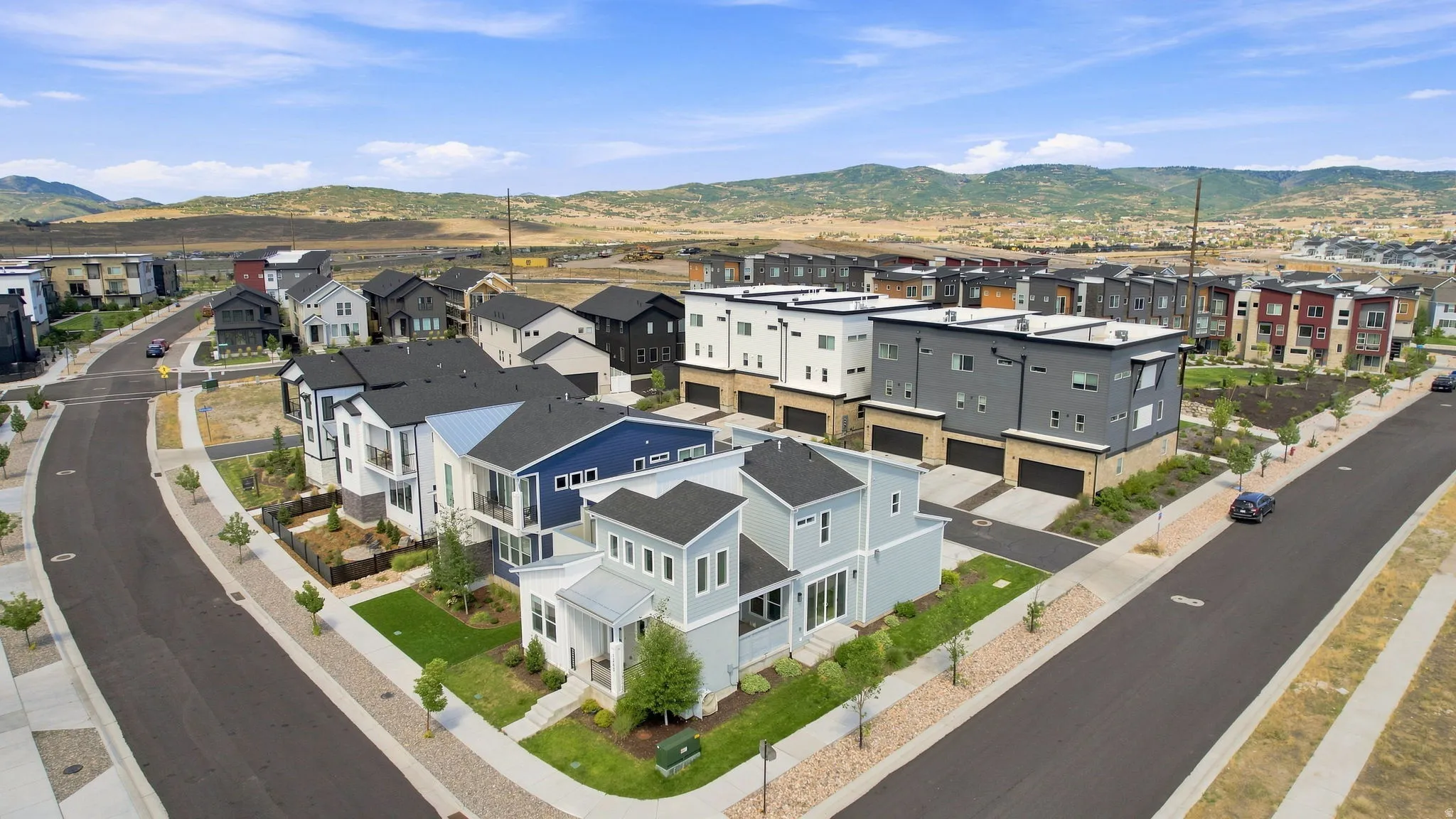 Contemporary residential architecture with varied facades and rooflines