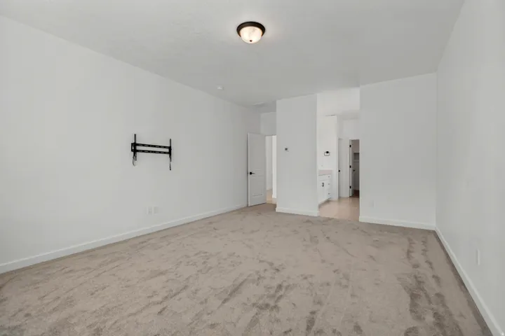 Spacious room with light neutral carpeting, a flush-mount ceiling light fixture, and a pre-installed wall mount for a television
