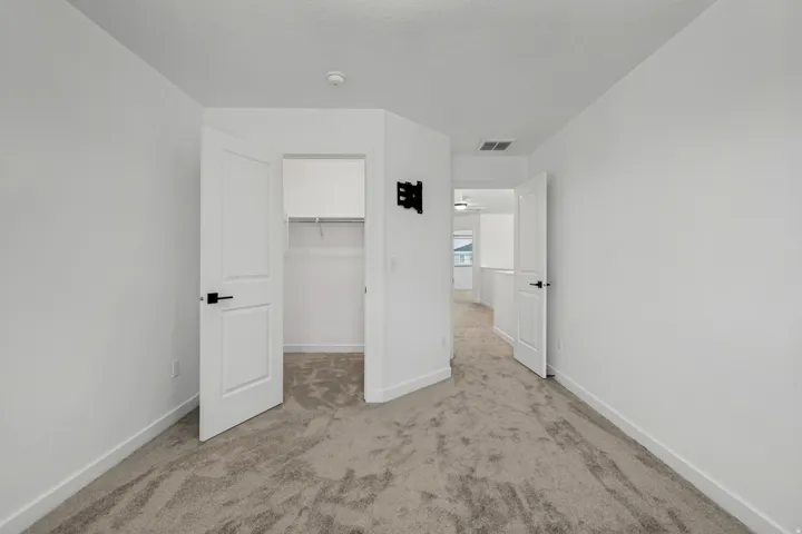 Plush carpet flooring, crisp white walls, contemporary flat-panel doors with matte black hardware, and an integrated closet with shelving