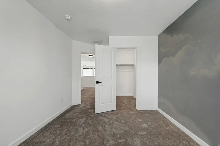 Neutral wall finish, carpet flooring, a single-panel door with black hardware, and a closet with built-in shelving
