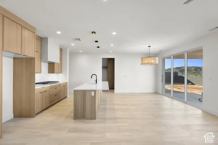 Modern kitchen with wood-finish cabinetry, white countertops, and stainless steel hood