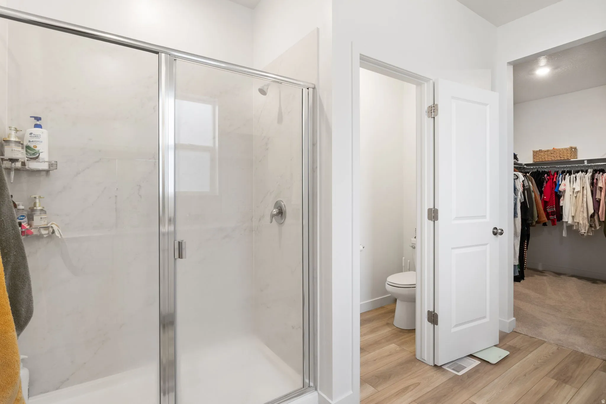 Large glass-enclosed shower with subway tile surround, separate water closet.