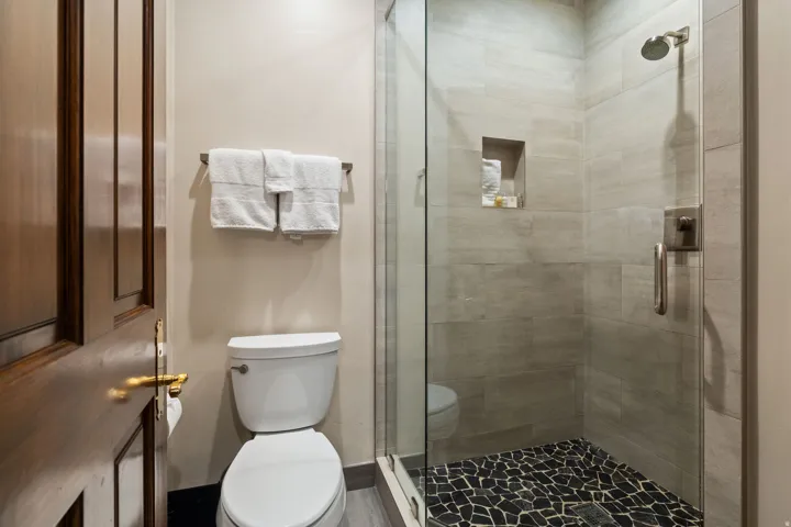 Modern bathroom featuring a walk-in shower with frameless glass enclosure, linear tile surround, and pebble stone flooring