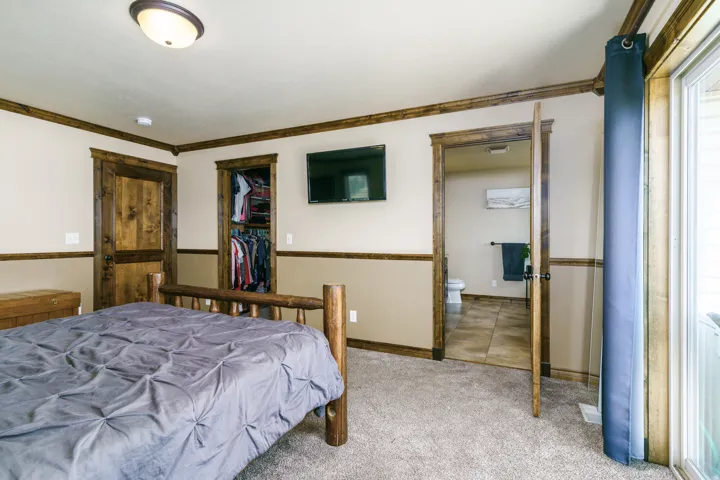 Carpeted room with a ceiling-mounted light fixture, wood-finish trim, and a built-in closet with shelving