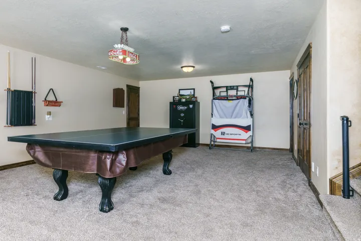 Carpeted recreation room with neutral-toned walls, wood-finish doors, and a built-in wall sconce