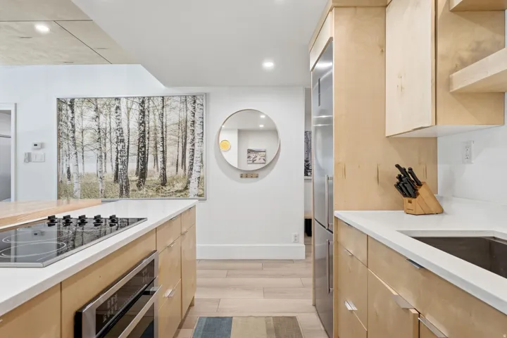 Light wood-finish cabinetry, integrated stainless steel appliances, flat-panel doors, and recessed lighting