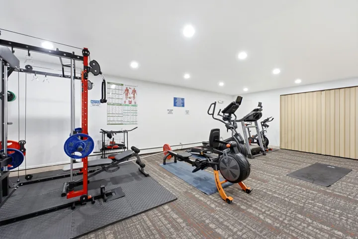 Recessed lighting illuminates this dedicated fitness space, featuring wall-to-wall carpeting and a neutral accordion privacy wall