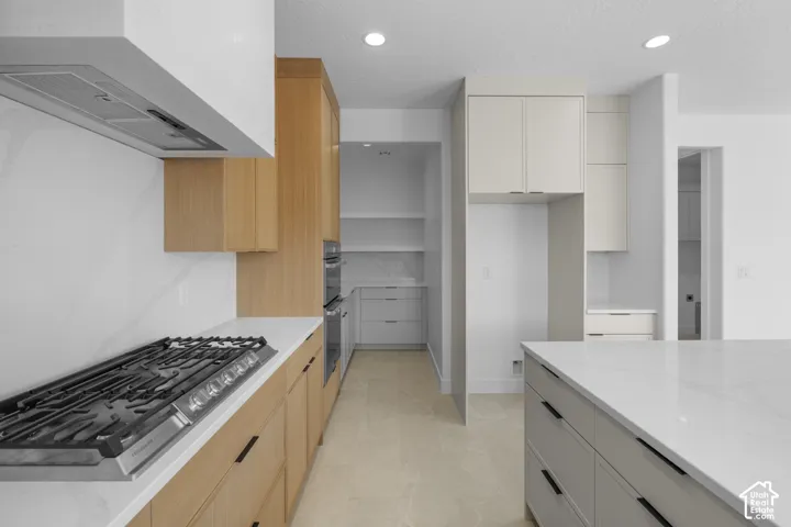 Gourmet kitchen featuring a built-in range, dual wall ovens, light wood-finish cabinetry, and solid surface countertops