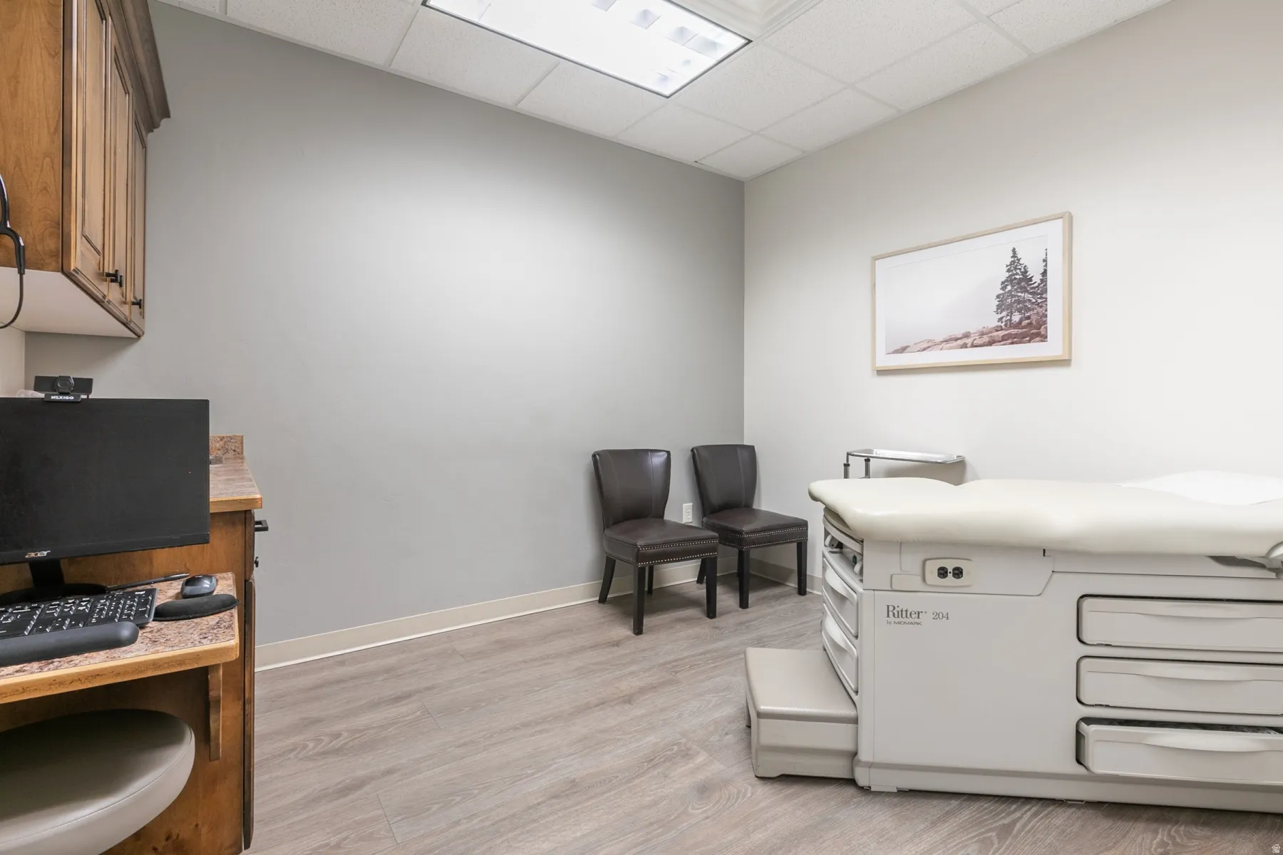 Wood-finish flooring with light gray walls and a drop ceiling