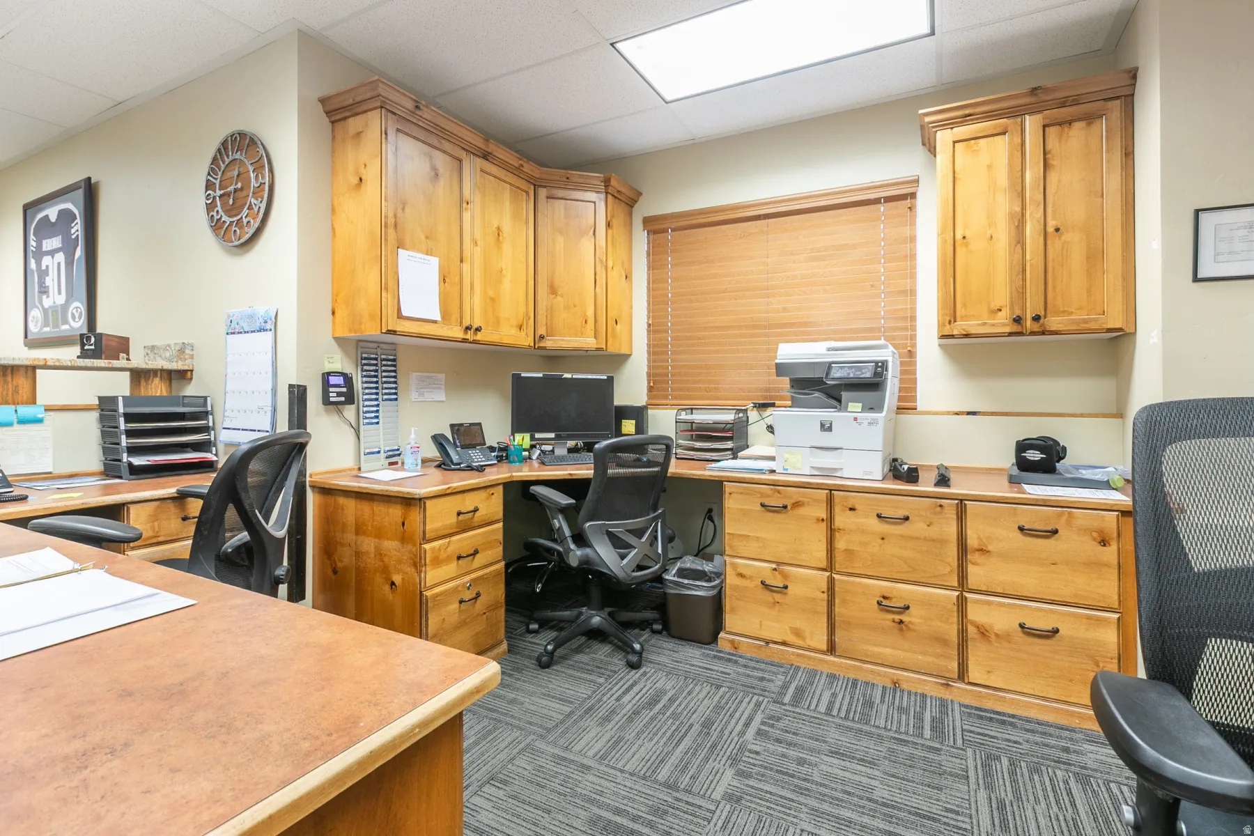 Built-in wood-finish cabinetry, extensive wood-finish desk space, wood-finish window blinds, and commercial-grade carpet flooring