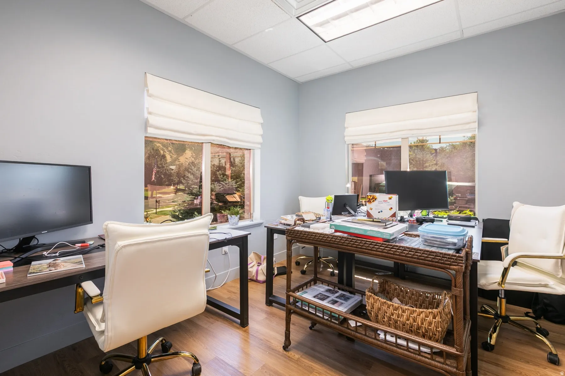 Wood-finish flooring, two large windows with privacy shades, suspended ceiling with integrated lighting, and light grey wall paint