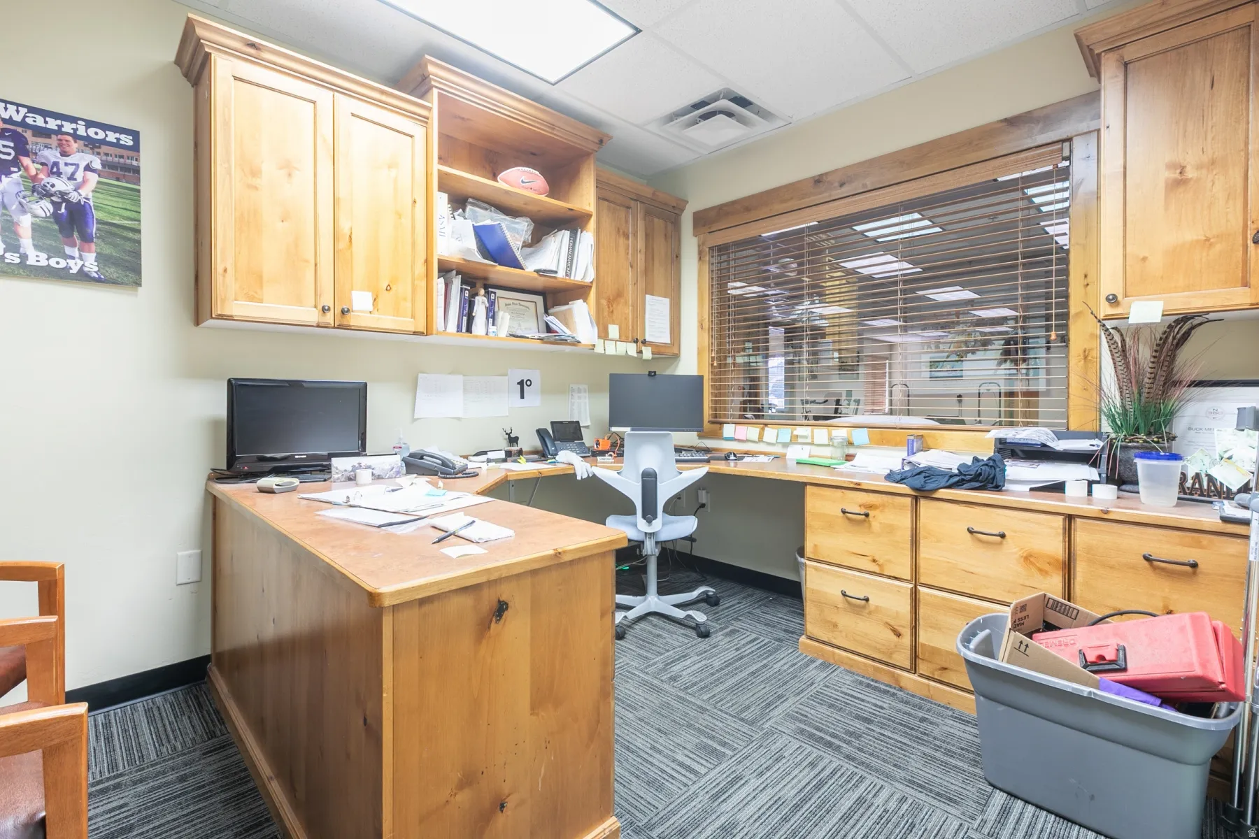 Built-in wood-finish cabinetry, wood-finish desk with integrated storage, wood-finish window trim, and carpet flooring