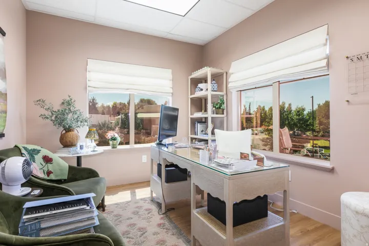 Light wood-finish flooring, two large windows with Roman shades, and a built-in shelving unit