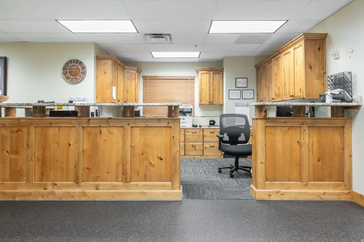 Built-in wood cabinetry with stone countertops