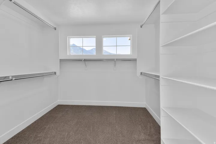 Walk-in closet featuring built-in shelving, chrome hanging rods, and twin windows