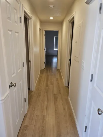 Hallway featuring wood-finish flooring, recessed lighting, and panel doors with satin nickel hardware