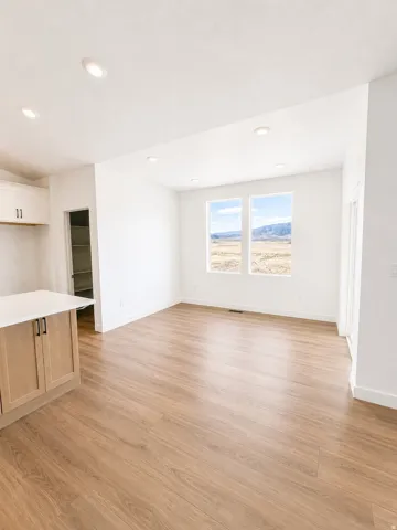 Recessed lighting, wood-finish flooring, white walls, built-in cabinetry, and white countertops
