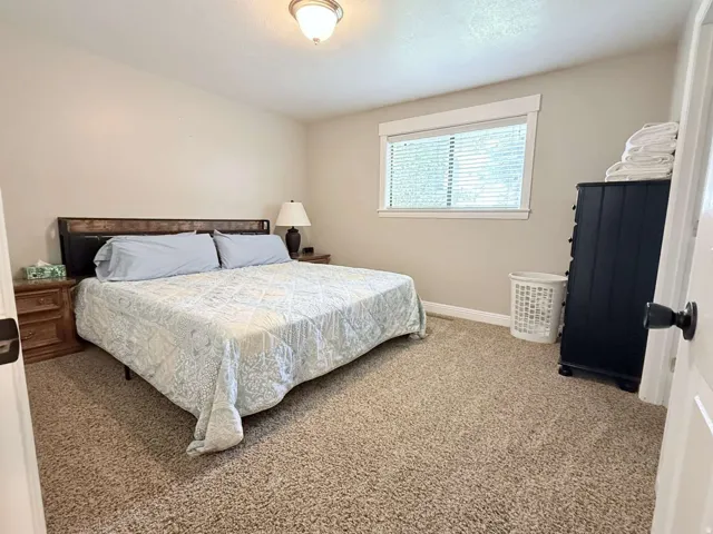 Bedroom featuring neutral wall paint, carpeted flooring, a window with blinds, and a ceiling-mounted light fixture