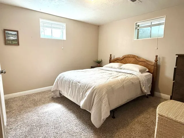 Carpeted flooring, recessed window, and light neutral wall paint