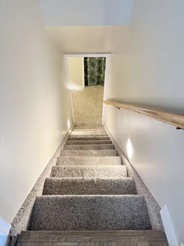 Staircase with carpeted treads, wood-finish flooring, a light wood handrail, and built-in wall lighting