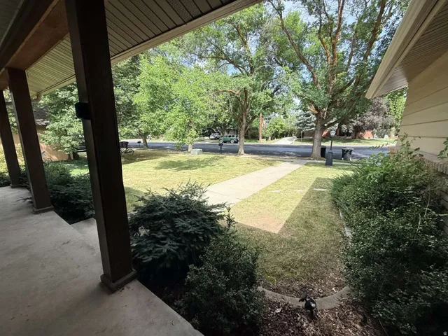 Covered porch with wood-finish posts, concrete flooring, and established shrubbery