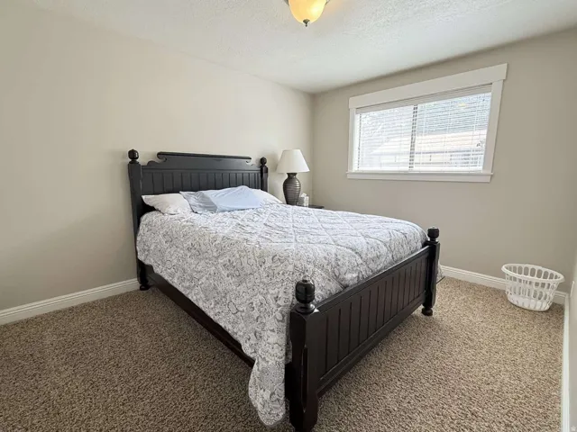 Carpeted flooring, neutral wall paint, and a window with blinds