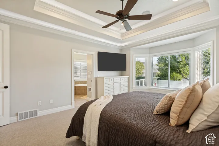 Tray ceiling with crown molding and a ceiling fan