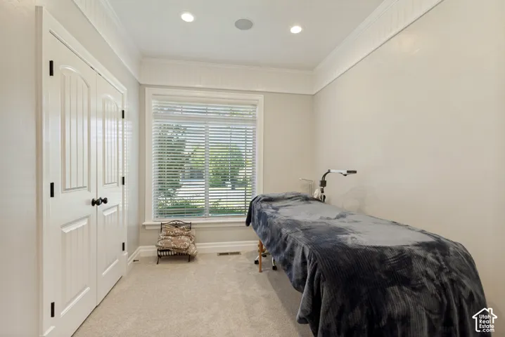 Recessed lighting, crown molding, double pane window with blinds, and paneled double doors with black hardware