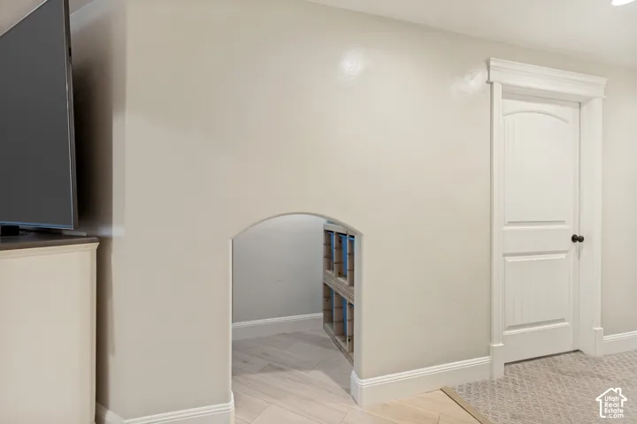 Arched doorway leading to an interior space, white paneled door with dark hardware, light wood-finish flooring, and light wall paint