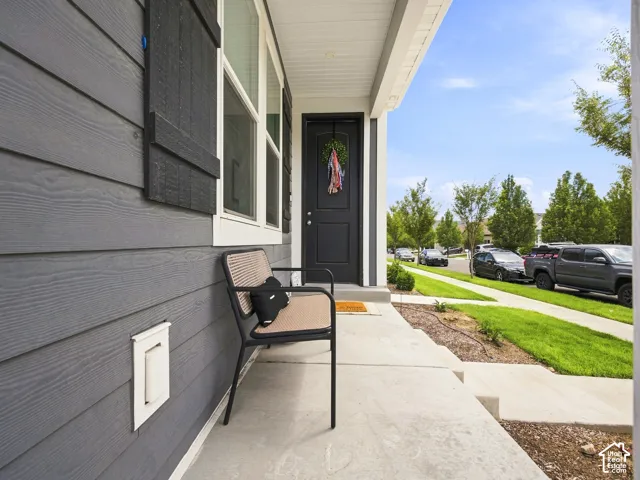 Entry porch with concrete flooring and a dark-paneled front door