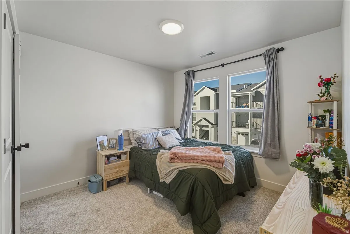 Neutral wall paint, ceiling-mounted light fixture, light-colored carpet, and windows with black curtain rods